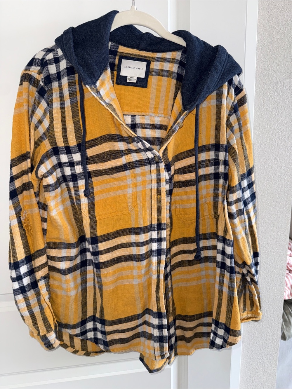 American Eagle Outfitters Yellow Plaid Hooded Flannel